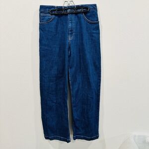 ZARA-Women's Blue Jeans Wide Leg 32" Waist High-Rise Denim Belted Waist - Size 8